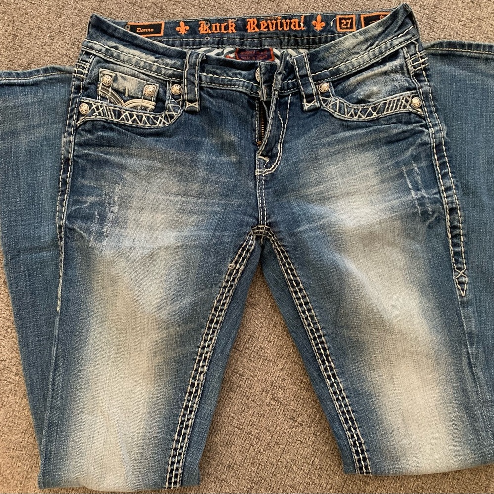 Rock Revival Blue Boot Cut Jeans with Vintage Wash